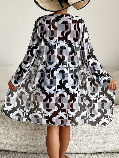 3-Piece Bikini Set - Stylish Long Sleeve Cover Up, Vibrant Abstract Print, Perfect Beachwear, Comfortable Swimsuit, On-trend Summer Fashion - Designed for Women