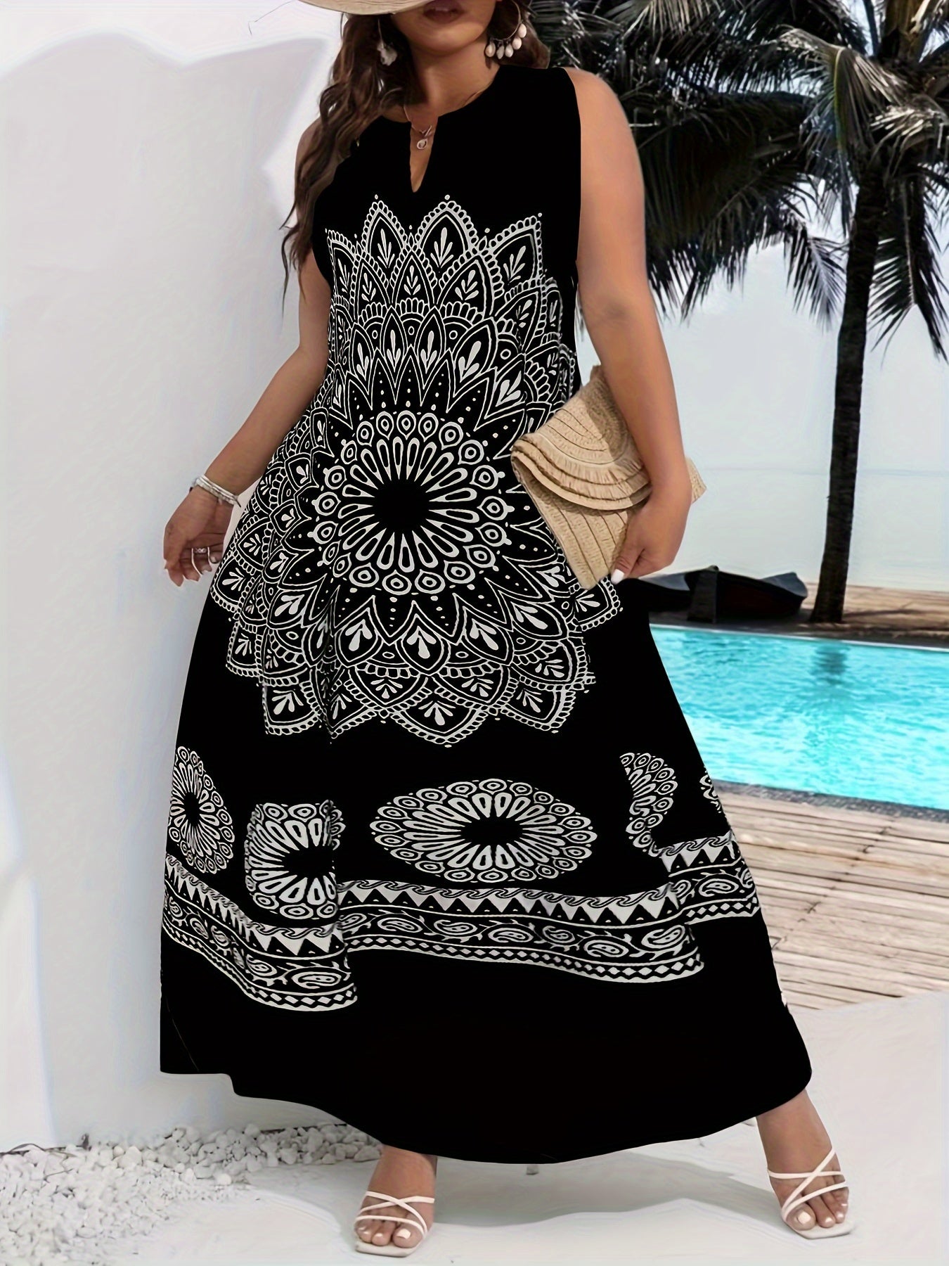 Mandala Floral Print Maxi Dress, Elegant Notched Neck Sleeveless Dress, Women's Clothing
