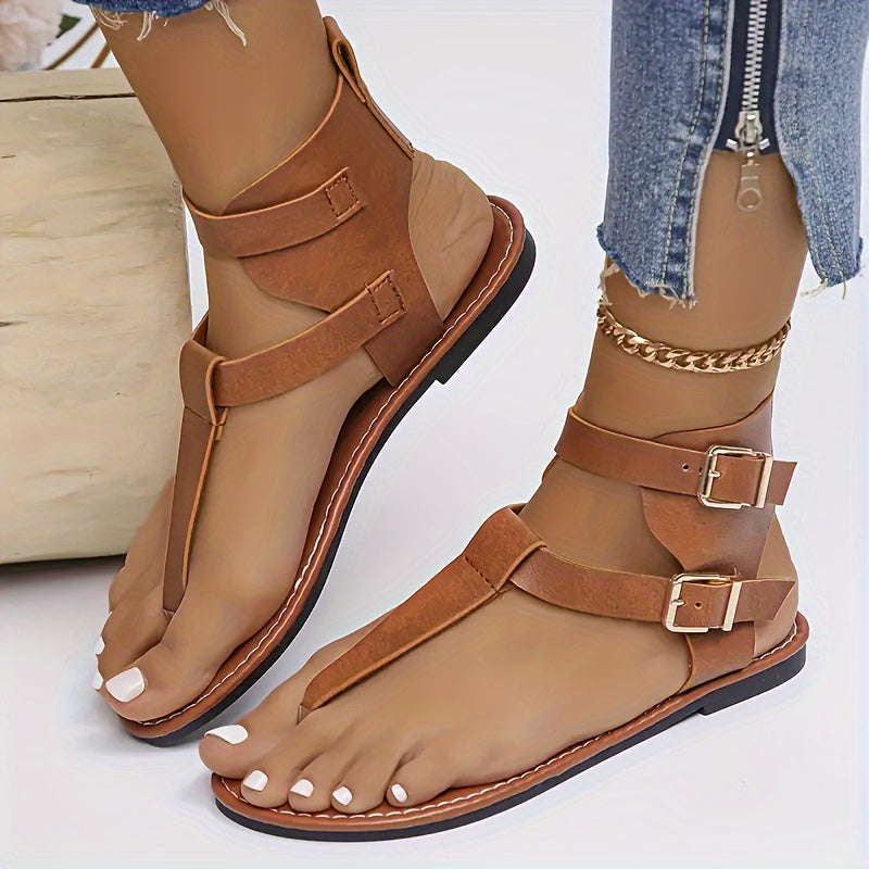 Women's Solid Color Thong Sandals, Buckle Belts Soft Sole Lightweight Casual Shoes, Non-slip Summer Beach Shoes
