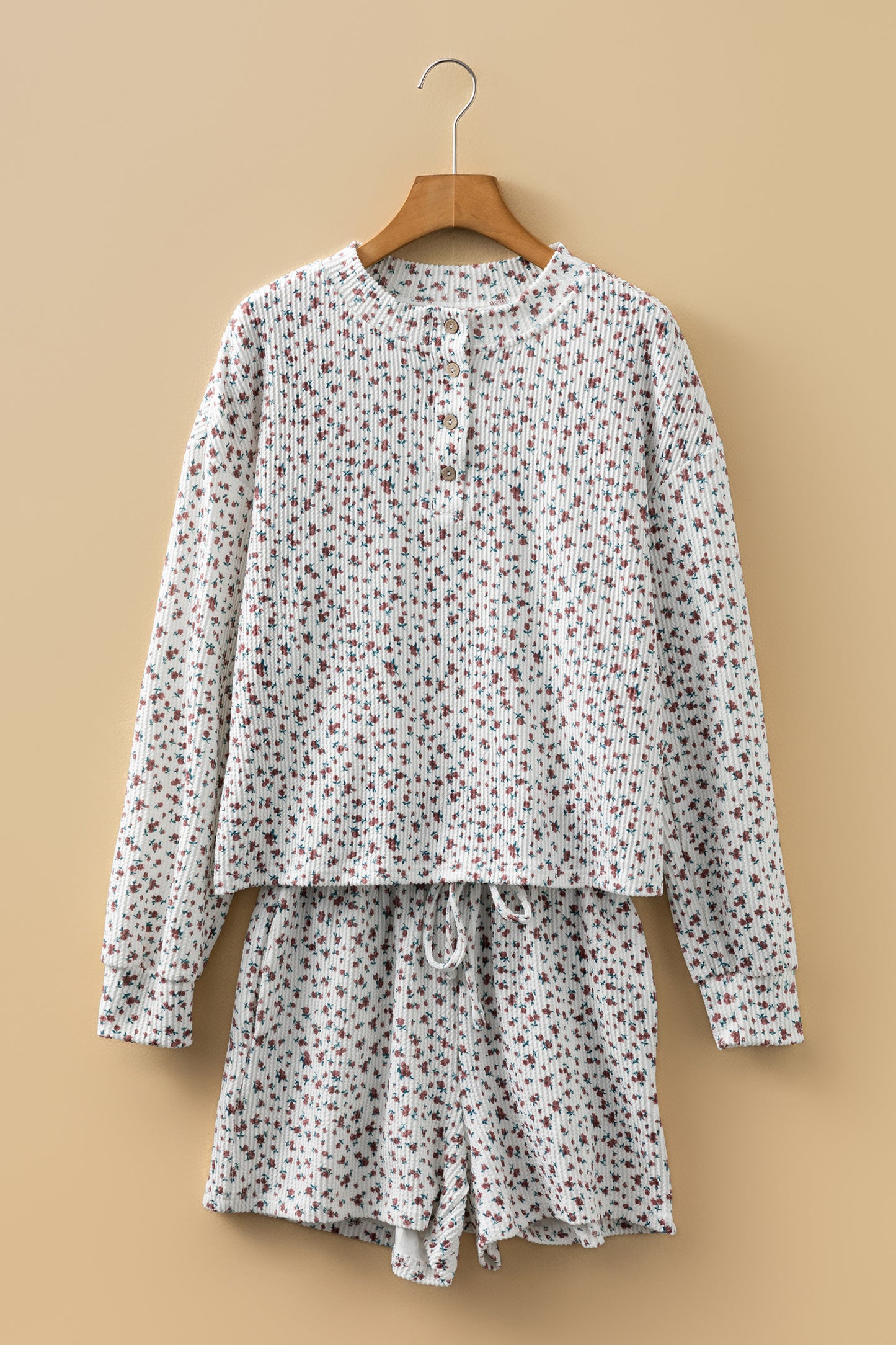 White Spiral Ribbed Floral Print Long Sleeve Henley Top Drawstring Short Set