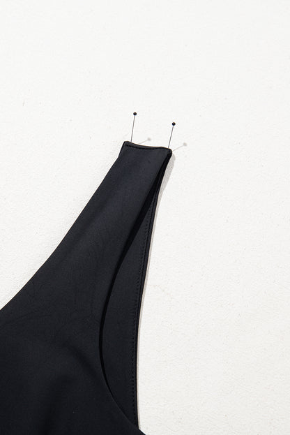 Black Plain Sleeveless Loop Drawstring Cinched Waist Romper