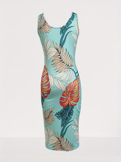Tropical Paradise Tank Dress - Flattering Slim Fit & Vibrant Print - Comfort Crew Neck, Sleeveless Style - Perfect Womens Summer Clothing for Casual Days