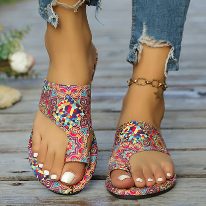 Vibrant Boho Chic Flat Sandals - Colorful Patterned, Summer Fashion, Slip-On, Casual, Open Toe, Beach Footwear with Soft Insole and Adjustable Ankle Strap for Women