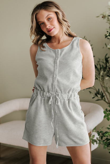 Light Grey Waffle Knit Sleeveless Buttoned Front Drawstring Elastic Waistband Romper