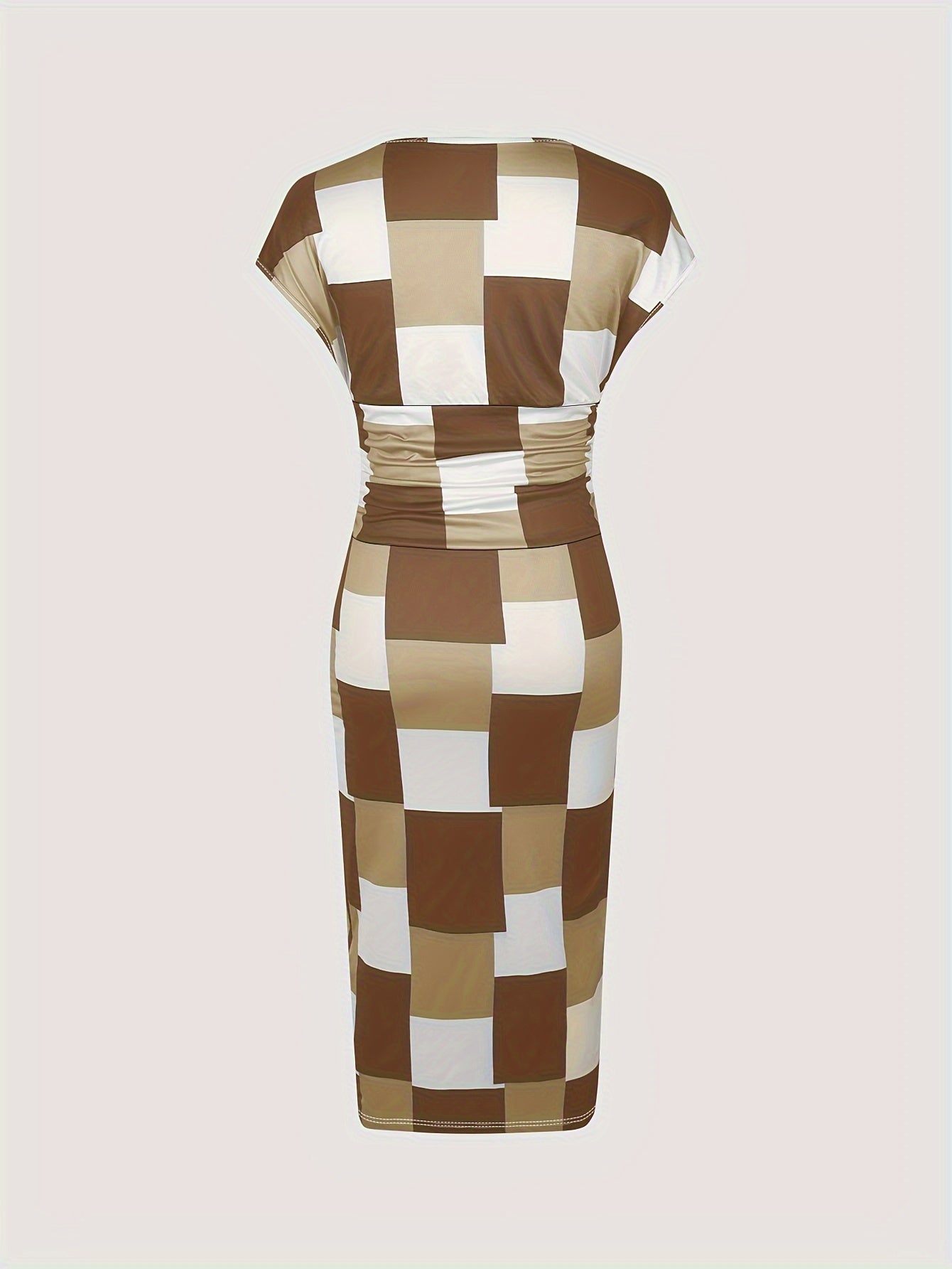 Patchwork Print V Neck Dress, Elegant Short Sleeve Dress For Spring & Summer, Women's Clothing