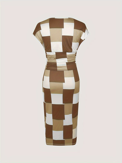 Patchwork Print V Neck Dress, Elegant Short Sleeve Dress For Spring & Summer, Women's Clothing