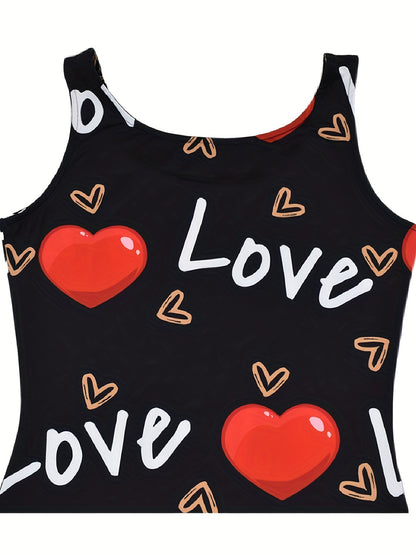 Heart & Letter Print Tank Dress, Casual Sleeveless U Neck Slim Dress, Women's Clothing