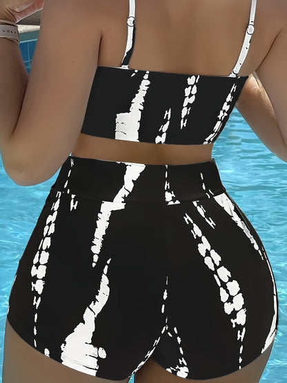 Tie Dye Pattern Drawstring Stretchy Swim Boxer Shorts, High Waisted Comfy Trendy Swimming Bottoms, Women's Swimwear & Clothing