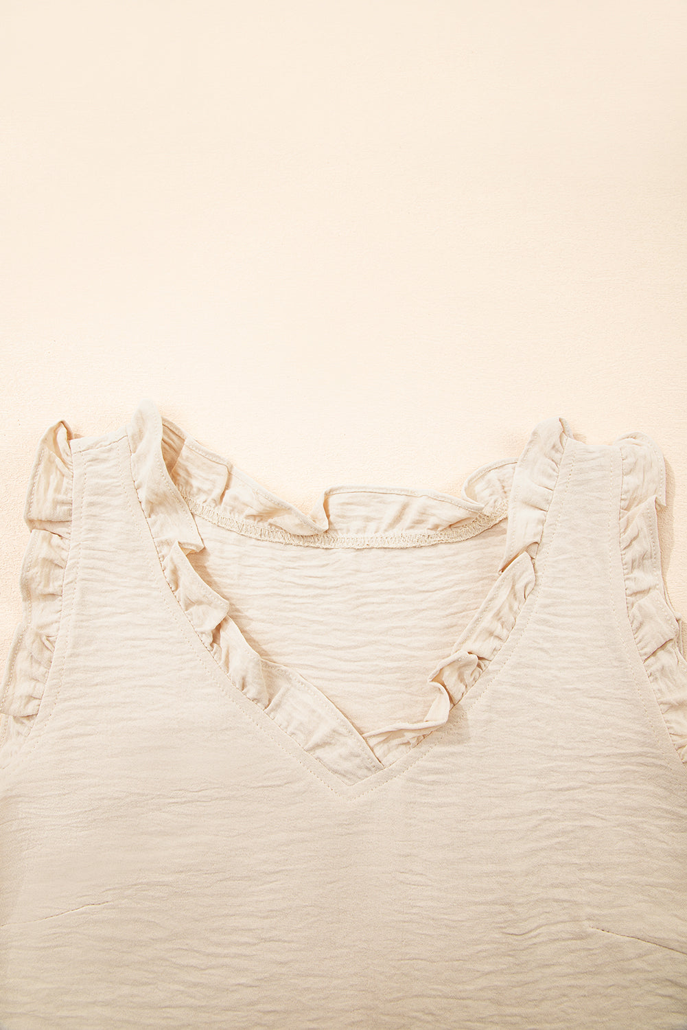 Parchment Textured Frilly Trim V Neck Sleeveless Top