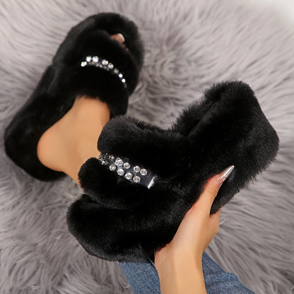 [Sparkling Rhinestone Slippers] Plush Faux Fur Sparkling Rhinestone-Decorated Slippers | Women's Slip-On with Thick Cushioned Rubber Sole & Sloped Heel | All-Season Indoor House Shoes for Warmth & Comfort (Black/Grey/White)