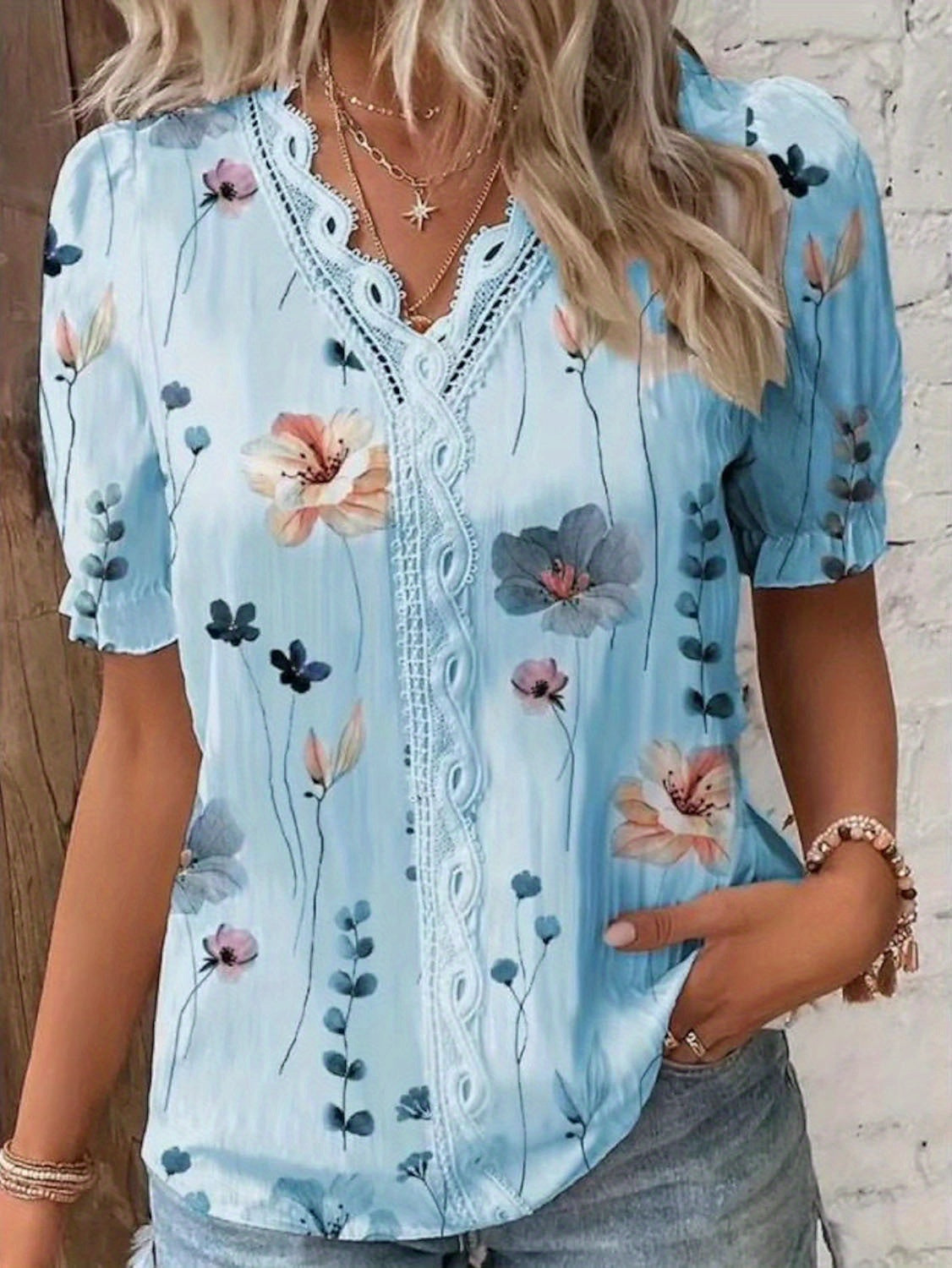 Floral Print V Neck Lace Trim Blouse, Boho Puff Sleeve Blouse For Summer, Women's Clothing