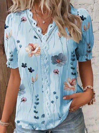 Floral Print V Neck Lace Trim Blouse, Boho Puff Sleeve Blouse For Summer, Women's Clothing