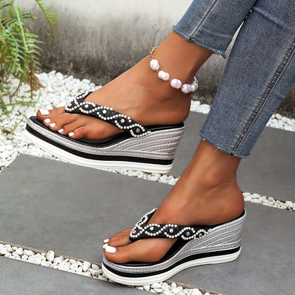 Women'S Rhinestone-Embellished Platform Sandals - Slip-On Chunky Heel Open-Toe Slippers with Faux Cover Upper & PU Sole, All-Season Comfort for Casual & Formal Occasions, High Heel Sandals, Formal Footwear, Elegant Footwear,