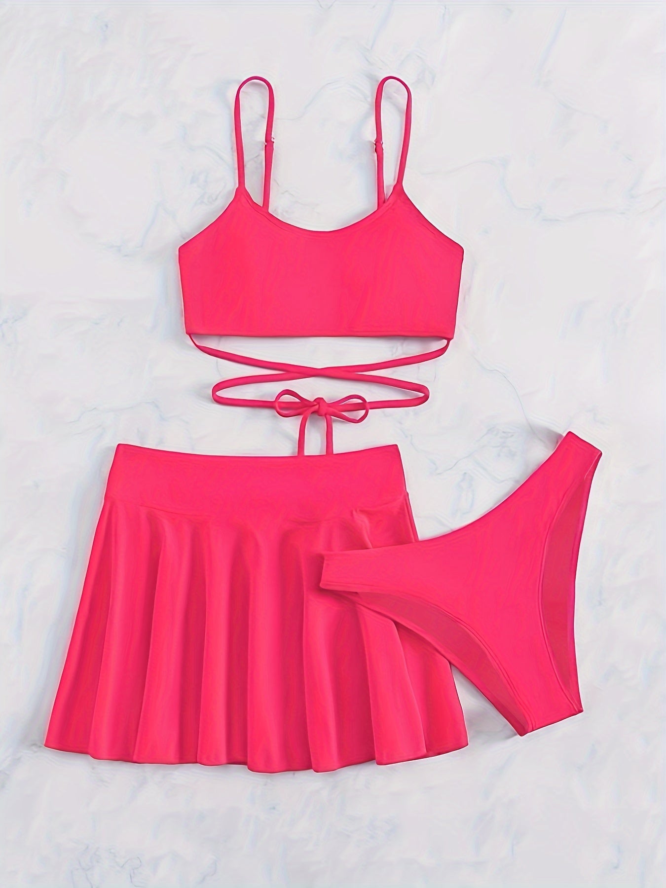 Elegant Solid-Color 3-Piece Swimwear: Cross-Strap Bikini & Pleated Skirt Cover-Up - Comfortable, Stretchy, and Durable