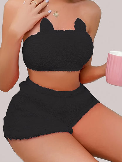 Sexy Solid Plush Lounge Set, Tube Crop Top & Elastic Shorts, Women's Loungewear for fall & winter