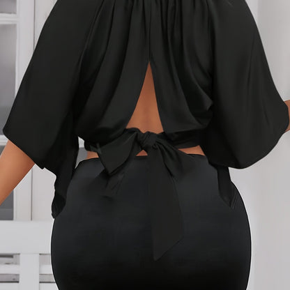 Solid Color Crew Neck Blouse, Elegant Short Sleeve Bow Back Split Blouse For Spring & Summer, Women's Clothing