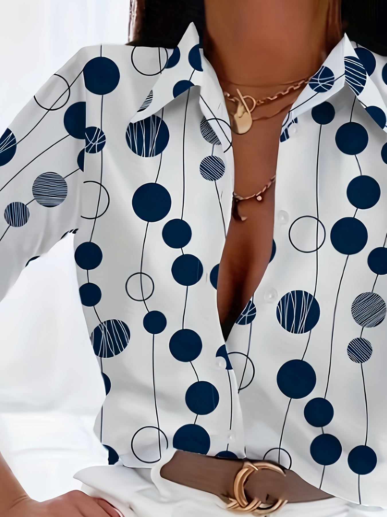 Print Women's Navy Blue & White Polka Dot Shirt - Long Sleeve Button-Up Collared Blouse, Regular Fit Machine Washable All-Season Top for Casual & Formal Wear, Office Attire, Classic Style, Durable Material, Buttonup Blouse, P