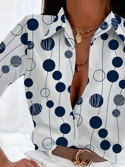 Print Women's Navy Blue & White Polka Dot Shirt - Long Sleeve Button-Up Collared Blouse, Regular Fit Machine Washable All-Season Top for Casual & Formal Wear, Office Attire, Classic Style, Durable Material, Buttonup Blouse, P