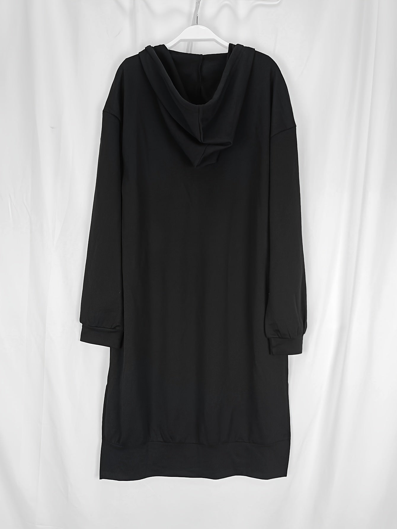 Solid Color Splited Hem Hooded Dress, Casual Long Sleeve Plunge Neck Dress For Fall & Wintern, Women's Clothing