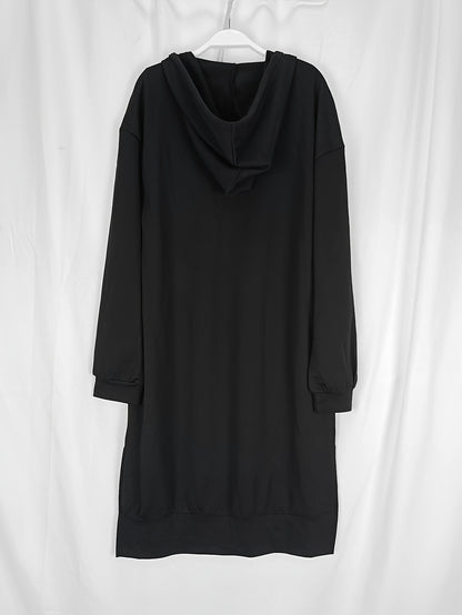 Solid Color Splited Hem Hooded Dress, Casual Long Sleeve Plunge Neck Dress For Fall & Wintern, Women's Clothing