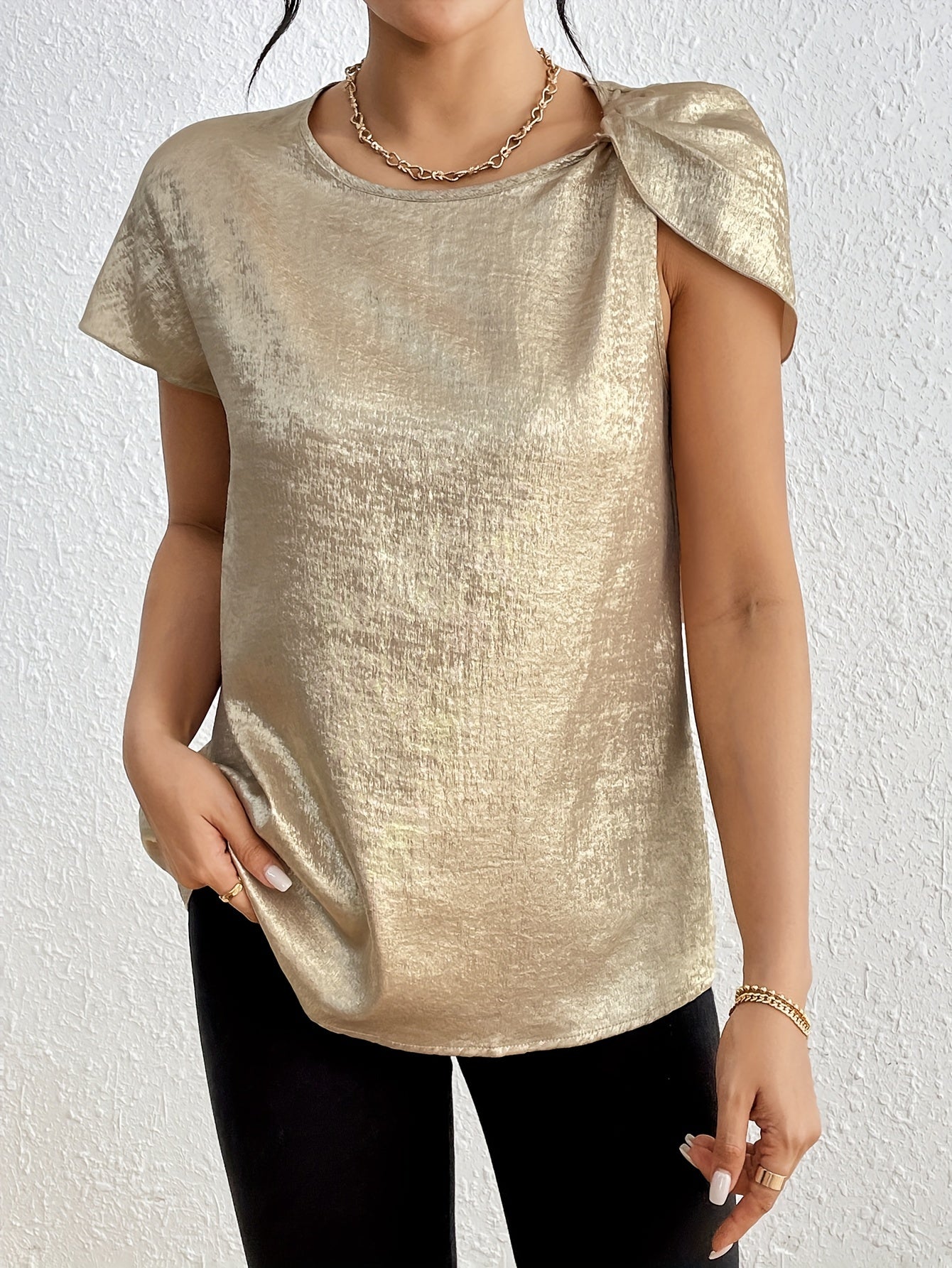 Solid Crew Neck Blouse, Elegant Twist Sleeve Top For Spring & Summer, Women's Clothing