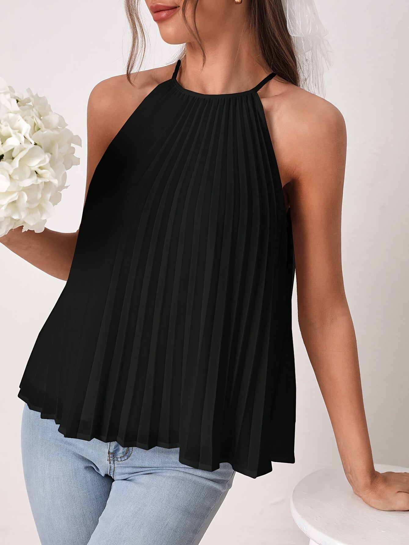 Elegant Solid Color Polyester Halter Neck Pleated Blouse - Sleeveless Loose Fit Regular Length Top for Spring & Summer - Womens Casual Pajama Top with Pullover Design