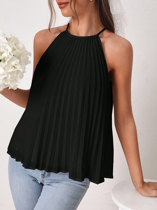 Elegant Solid Color Polyester Halter Neck Pleated Blouse - Sleeveless Loose Fit Regular Length Top for Spring & Summer - Womens Casual Pajama Top with Pullover Design