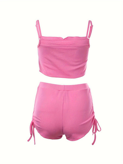 Simple Solid Print Lounge Set, Buttons Cami Top & Drawstring Shorts, Women's Loungewear & Sleepwear Koningsdag/King's Day