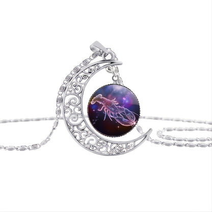 Twelve Zodiac Constellations Moon Phase Necklace - Timeless Gemstone Pendant with Adjustable Chain - Unique Personality Jewelry and Birthday Gift Idea for Women and Girls