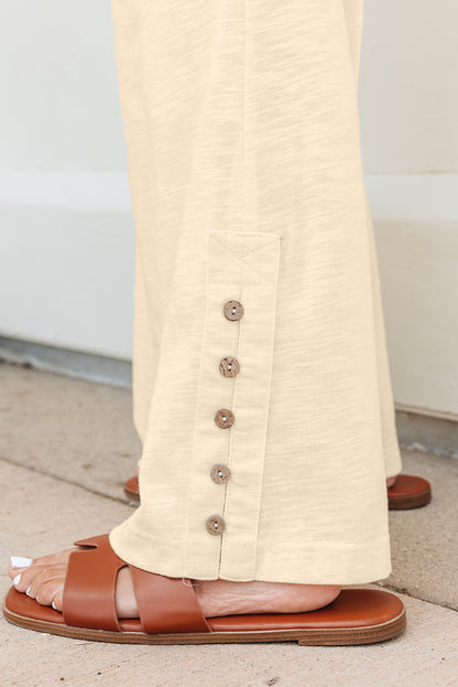 Beige Solid Color Tank Top and Smocked Waist Pants Set