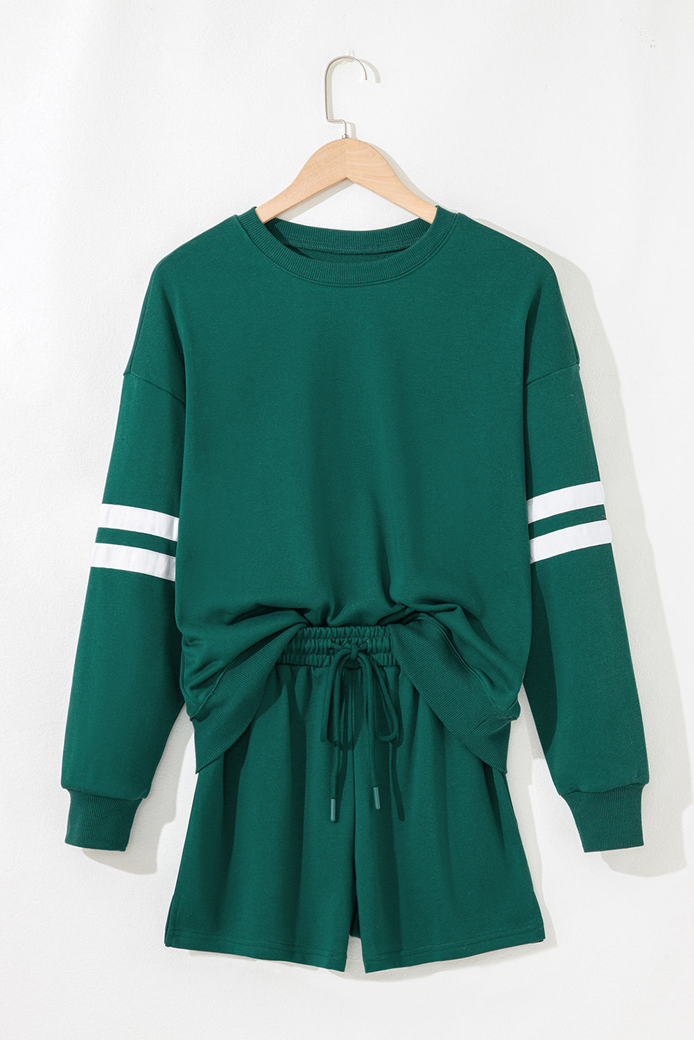 Evergreen Varsity Striped Sleeve Drop Shoulder Sweatshirt and Short Set