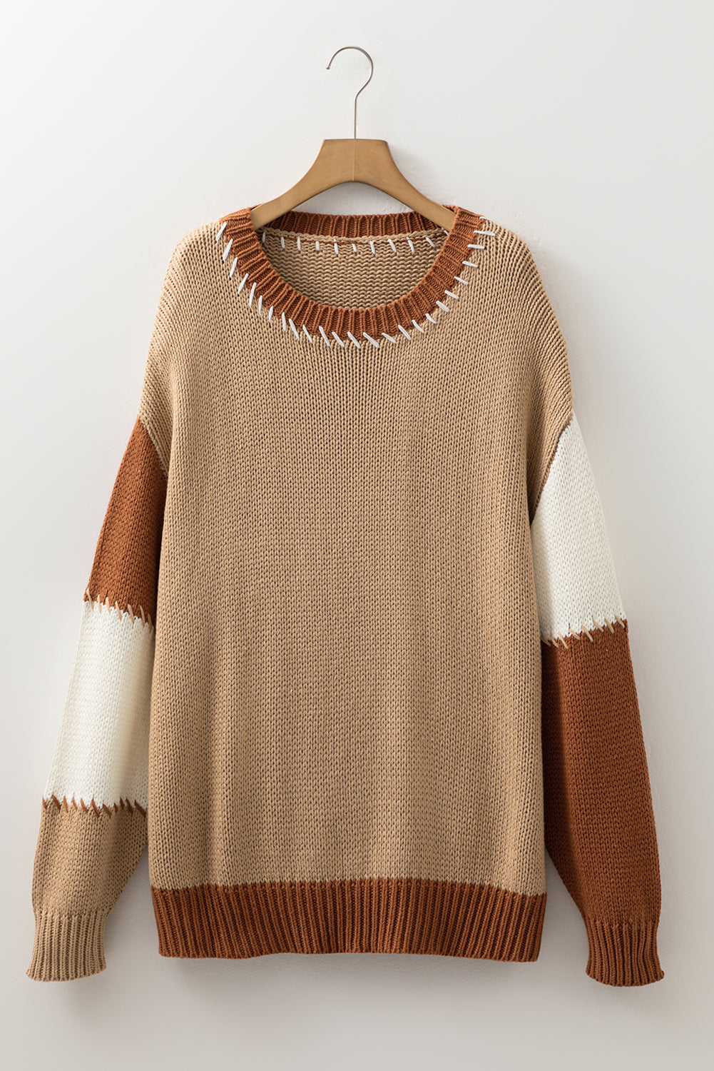 Light French Beige Contrast Stitch Detail Color Block Knitted Plus Size Sweater