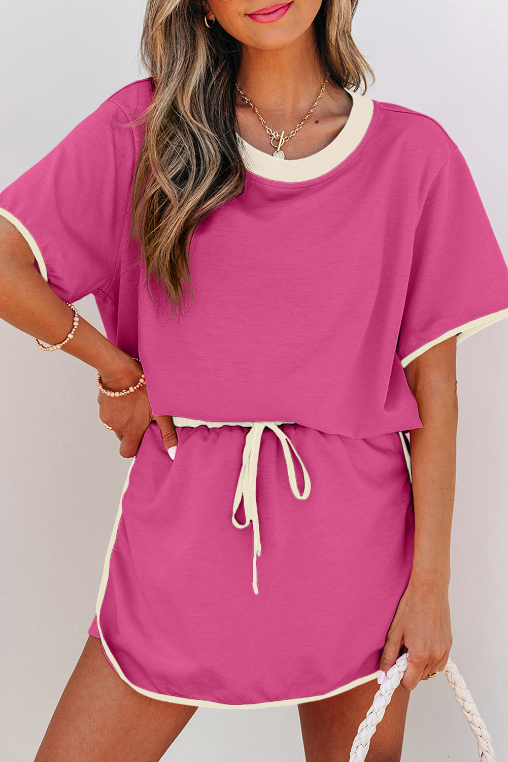 Rose Red Colorblock Edge Drop Shoulder T Shirt and Skort 2Pcs Set