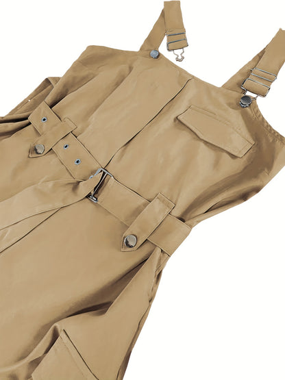 Solid Flap Pocket Cargo Jumpsuit, Casual Sleeveless Belted Flap Detail Jumpsuit, Women's Clothing