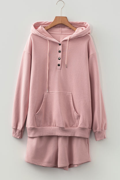 Peach Blossom Button Drawstring Hooded Pullover and Casual Short Set