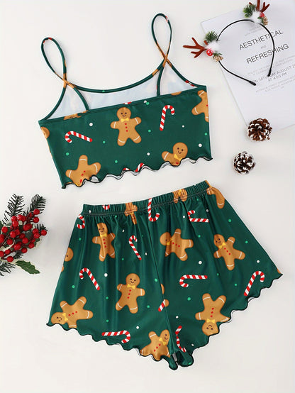 Women's Christmas Gingerbread Man Print Sexy Pajama Set Knit Polyester Loungewear with Crew Neck Cami Top and Shorts - All-Season Sleepwear