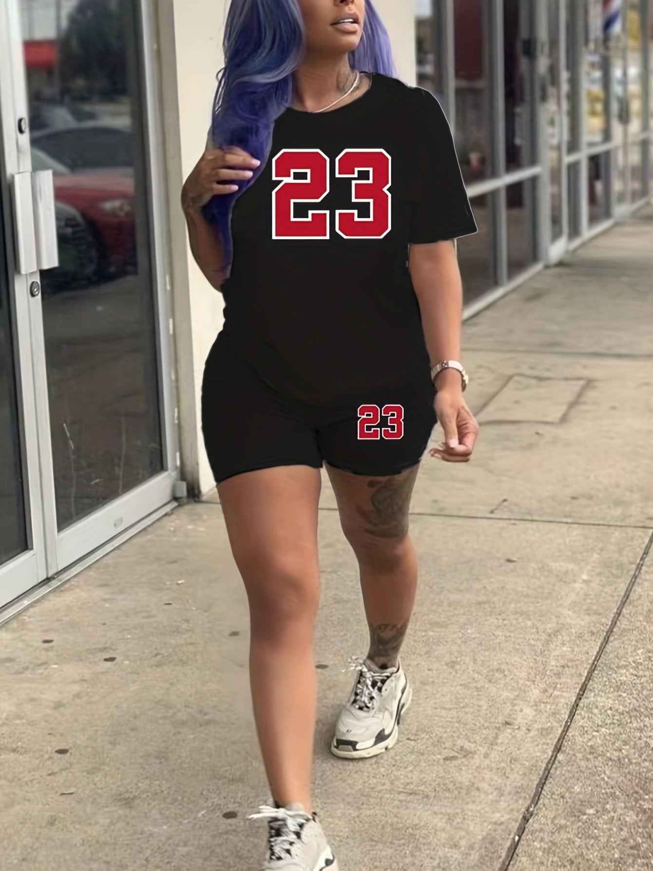 23 Number Print Two-Piece Outfit - Casual Short Sleeve T-Shirt & Biker Shorts Set - Comfortable, Relaxed Fit, Soft Fabric, Summer Essentials for Women