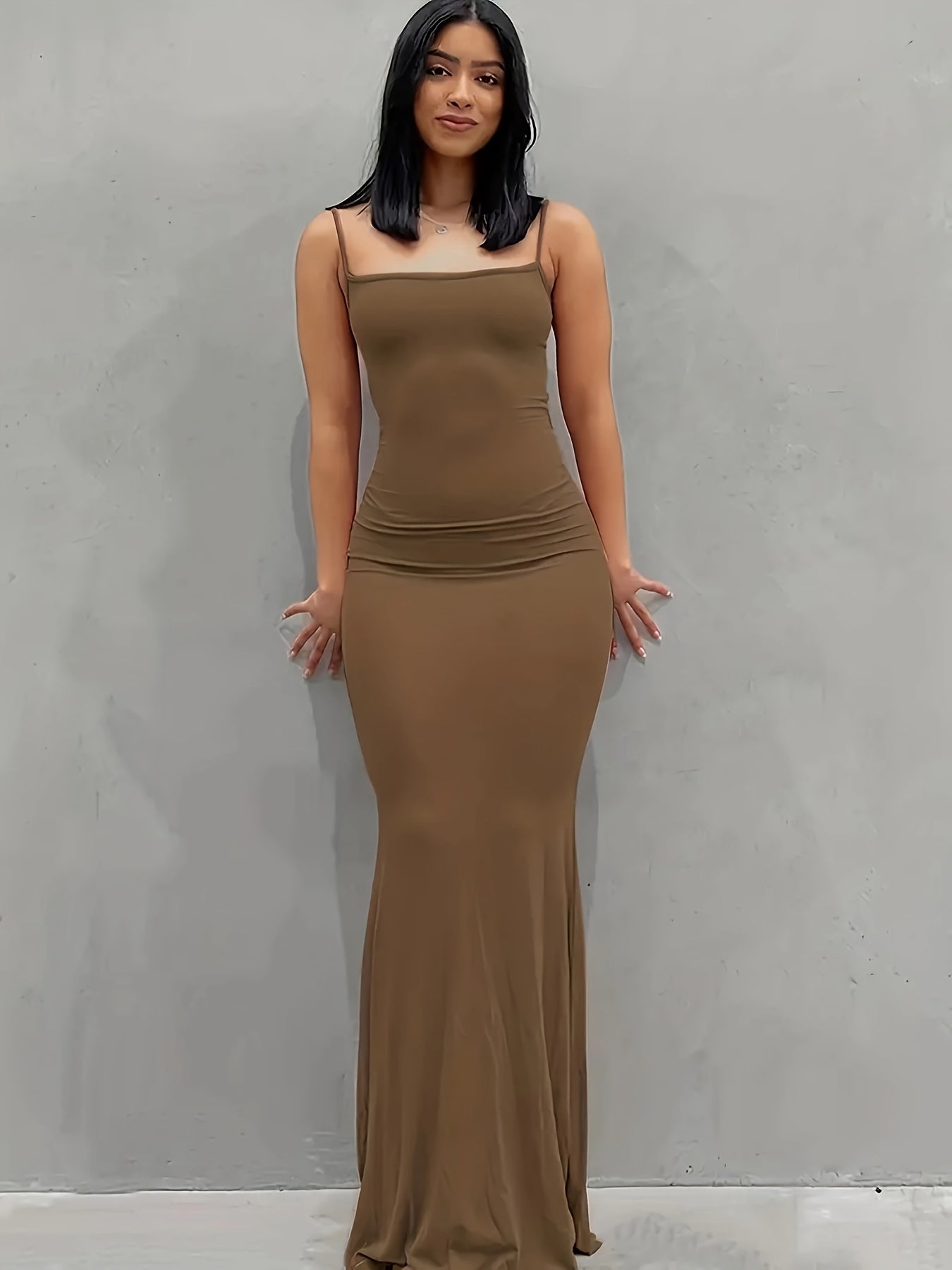 Elegant Solid Slip Lounge Dresses, Scoop Neck Bodycon Maxi Mermaid Dress, Women's Loungewear & Dresses