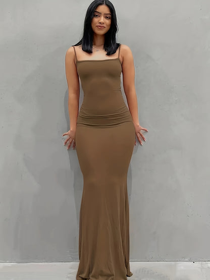 Elegant Solid Slip Lounge Dresses, Scoop Neck Bodycon Maxi Mermaid Dress, Women's Loungewear & Dresses