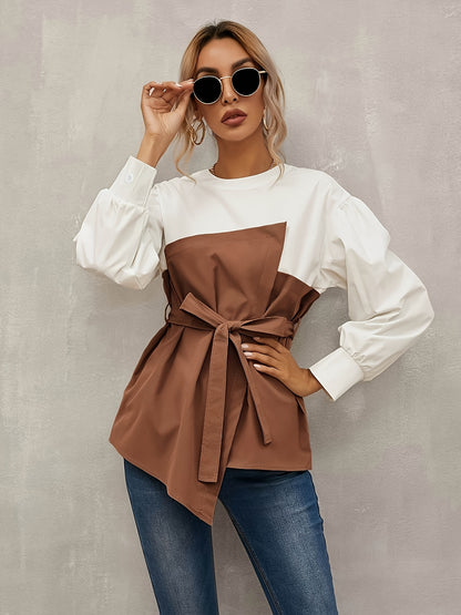 Chic Color Block Long Sleeve Blouse for Women - Polyester, Machine Washable, Non-Sheer - Perfect for Spring & Fall