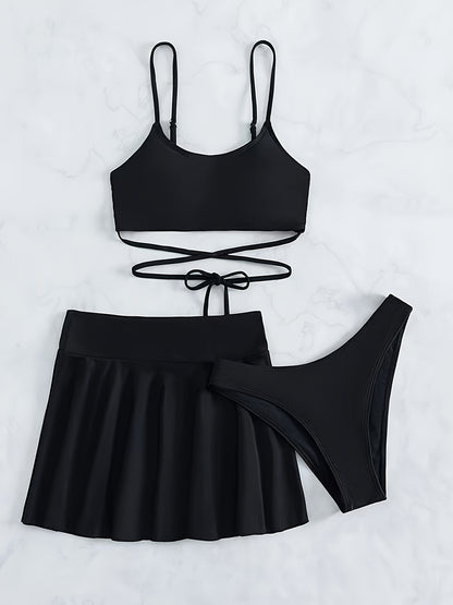 Elegant Solid-Color 3-Piece Swimwear: Cross-Strap Bikini & Pleated Skirt Cover-Up - Comfortable, Stretchy, and Durable