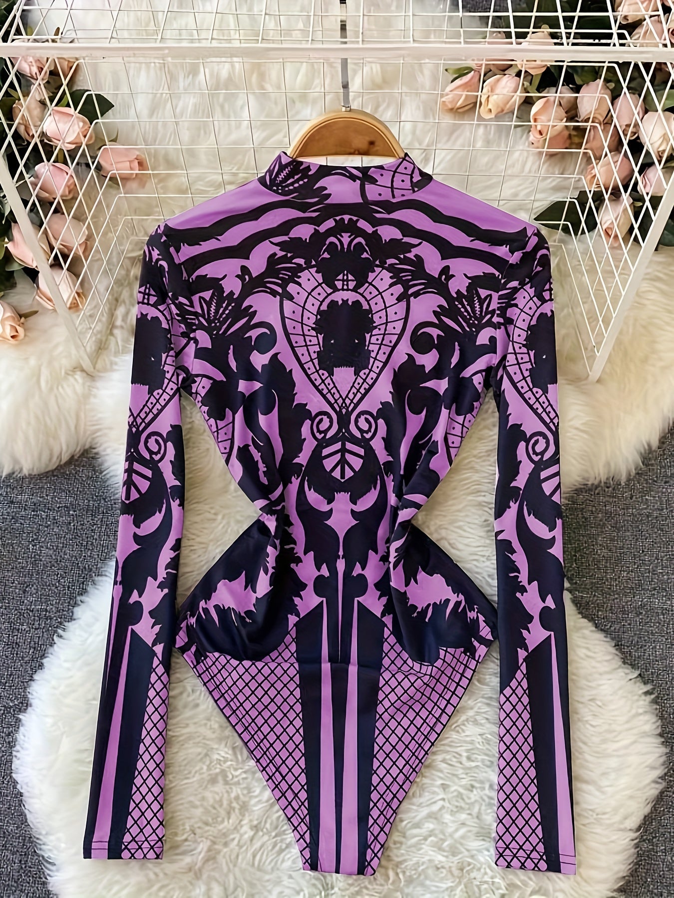 Women'S Tropical Print Bodysuit with Rhinestone Detail - Slim Fit, Stand Collar, Long Sleeve, All-Season Versatile Jumpsuit for Casual or Stylish Outfits, Stylish Outfit Bodysuit | Stand Collar Top | Polyester Fabric, Bodysui