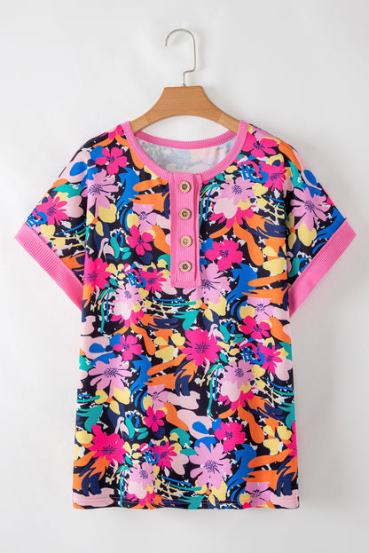 Rose Floral Short Sleeve Contrast Edge Plus Size Henley Top