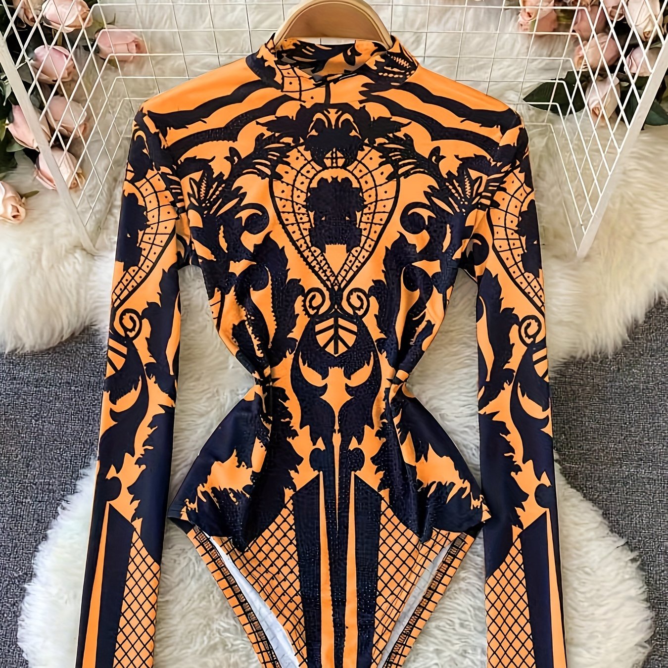 Women'S Tropical Print Bodysuit with Rhinestone Detail - Slim Fit, Stand Collar, Long Sleeve, All-Season Versatile Jumpsuit for Casual or Stylish Outfits, Stylish Outfit Bodysuit | Stand Collar Top | Polyester Fabric, Bodysui