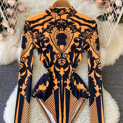 Women'S Tropical Print Bodysuit with Rhinestone Detail - Slim Fit, Stand Collar, Long Sleeve, All-Season Versatile Jumpsuit for Casual or Stylish Outfits, Stylish Outfit Bodysuit | Stand Collar Top | Polyester Fabric, Bodysui
