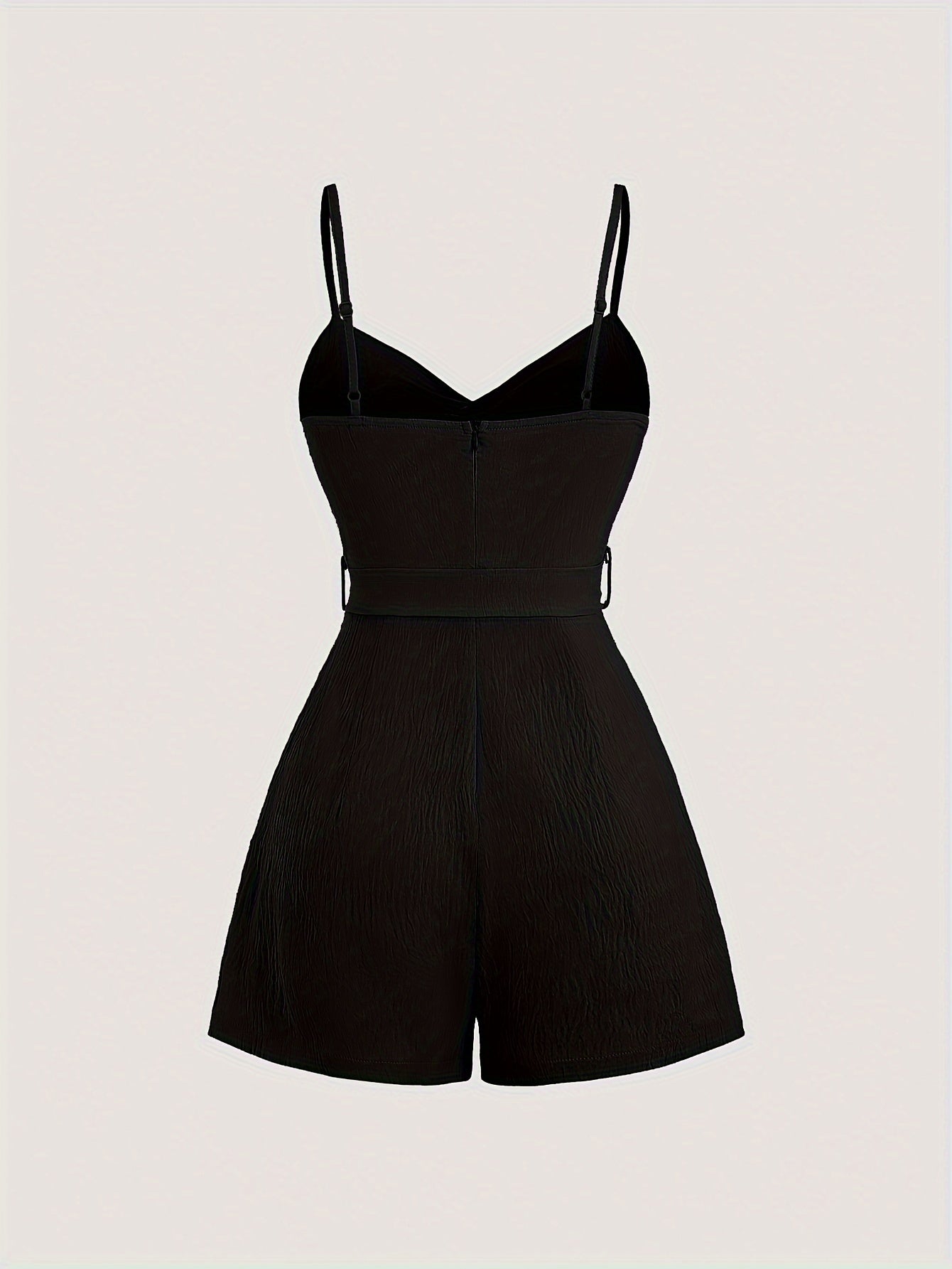 Twist Front Solid Belted Romper Jumpsuit, Casual Backless Spaghetti Strap Romper Jumpsuit For Spring & Summer, Women's Clothing