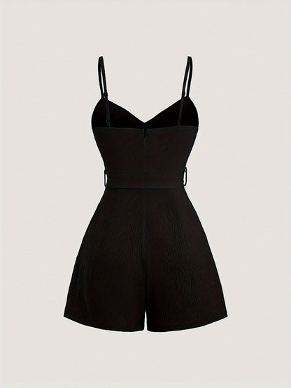 Twist Front Solid Belted Romper Jumpsuit, Casual Backless Spaghetti Strap Romper Jumpsuit For Spring & Summer, Women's Clothing