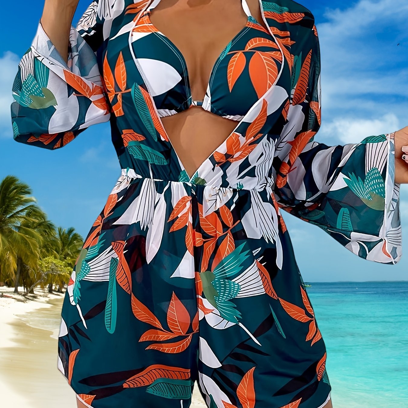 Women's Fashion Bikini Swimwear, Women's Sexy Printed Three-Piece Swimsuit With Cover-Up, Tropical Leaf Design