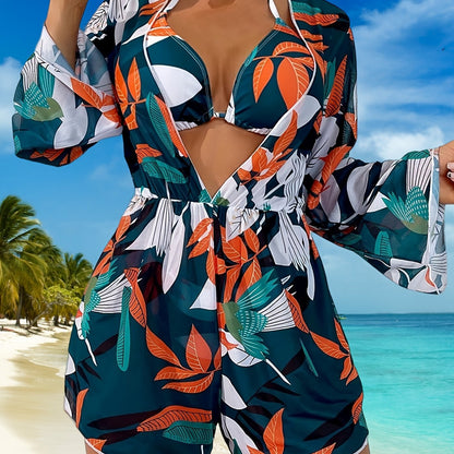 Women's Fashion Bikini Swimwear, Women's Sexy Printed Three-Piece Swimsuit With Cover-Up, Tropical Leaf Design