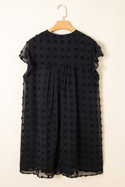 Black Dotty Textured Notched Neck Plus Ruffled Dress